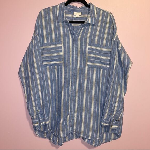 J Jill Linen Long Sleeve Button Up Top Women Size L Stripe Coastal Nautical - Picture 1 of 9